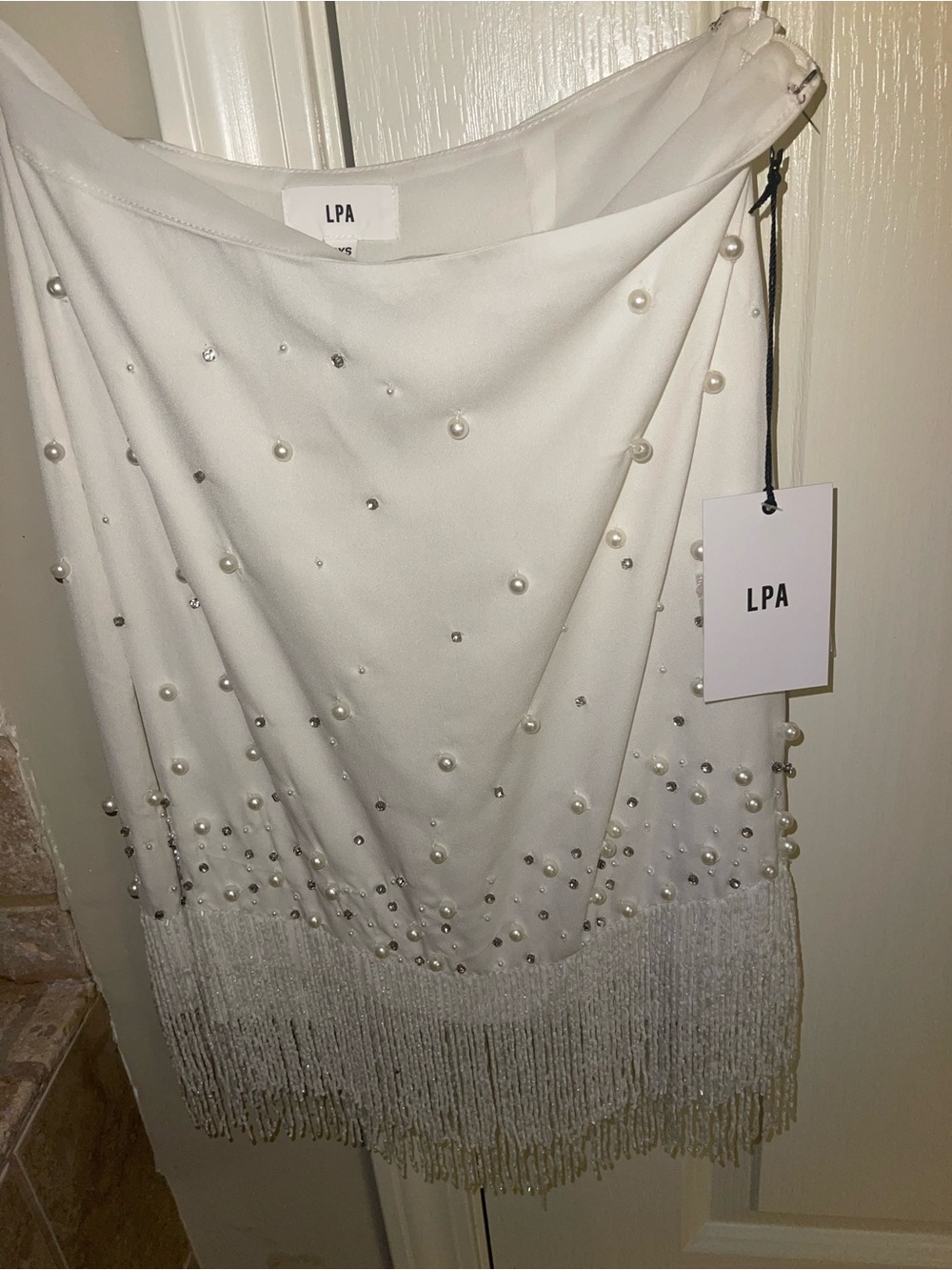 LPA Ivory Pearl & Crystal Fringe Mini Skirt